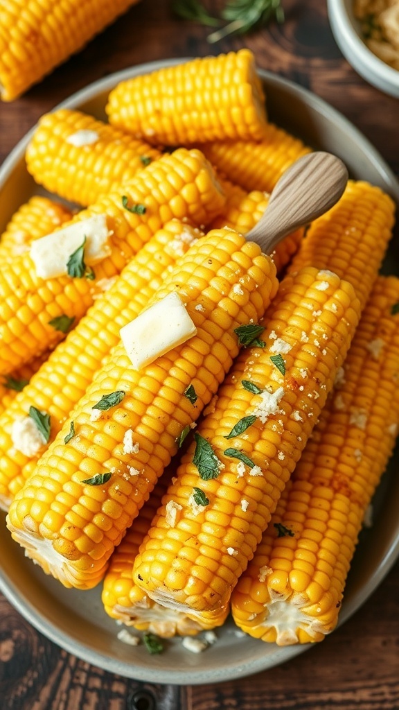 Oven-Baked Corn on the Cob Recipe Baked corn on the cob brushed with butter and garnished with herbs on a wooden table.
